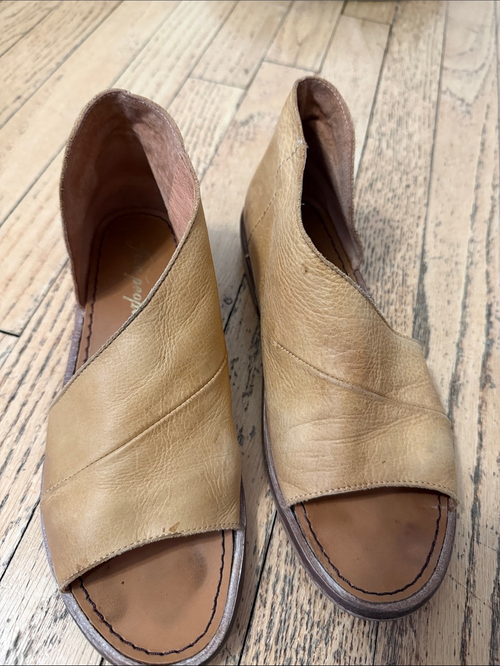 Free People Tan Leather Open-Side Peep-Toe Flats